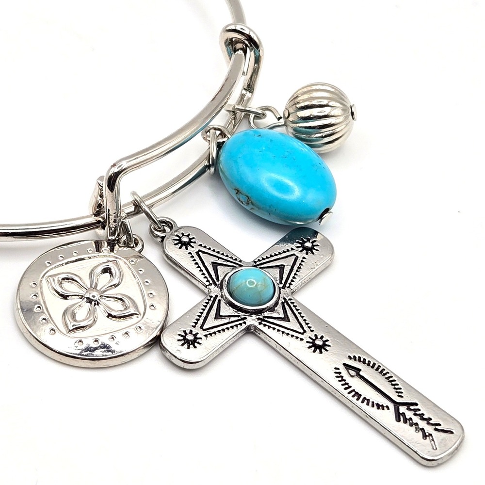 Silver Tone Bangle Bracelet Cross Faux Turquoise Bead Charm Western Boho